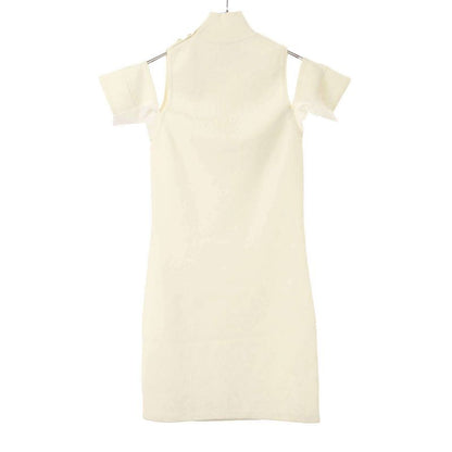 Chanel Coco Mark Button Lace Bijoux High Neck Knit Dress P43862k04509 White 36