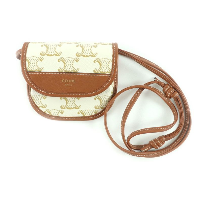 Celine Triomphe Leather Coin Case With Logo Strap Purse Wallet White