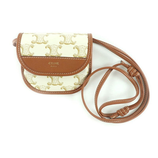Celine Triomphe Leather Coin Case With Logo Strap Purse Wallet White