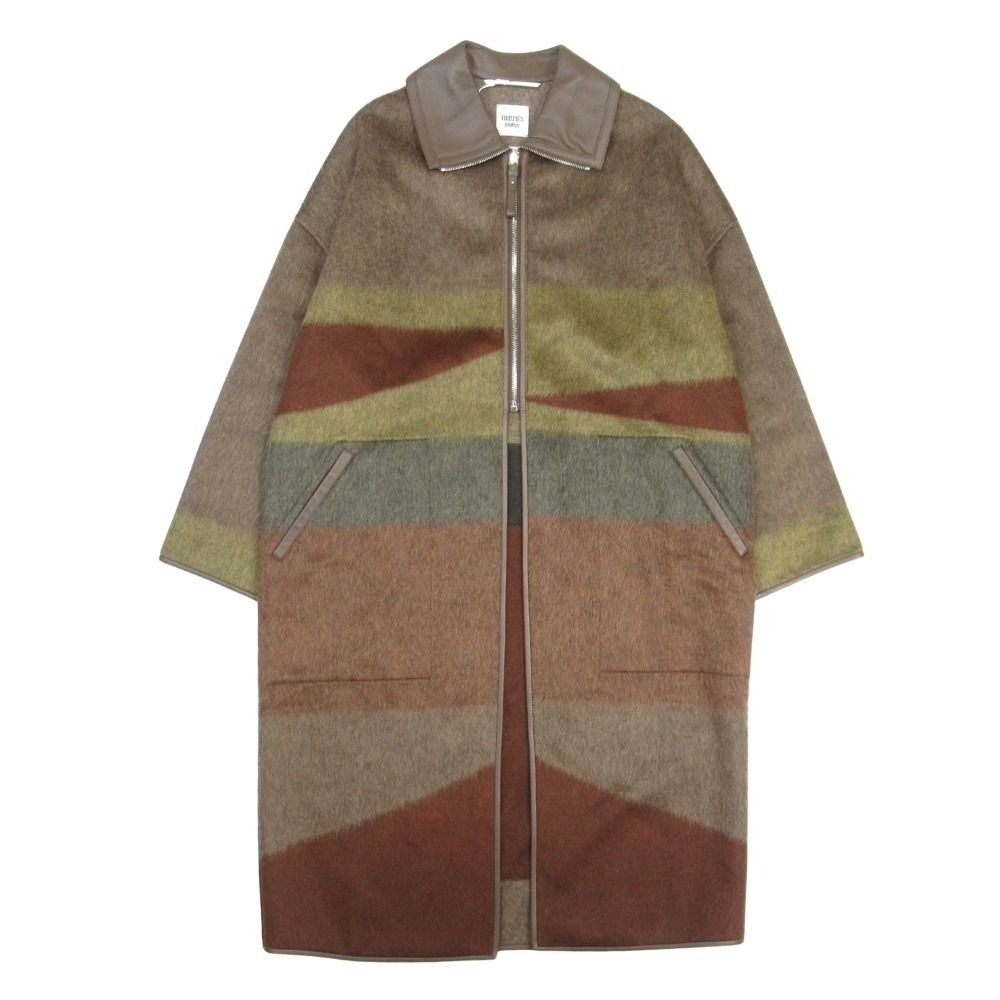 Hermes Rocabar Cashmere Mohair Shaggy Long Coat Lambskin Trim Sheepskin 34