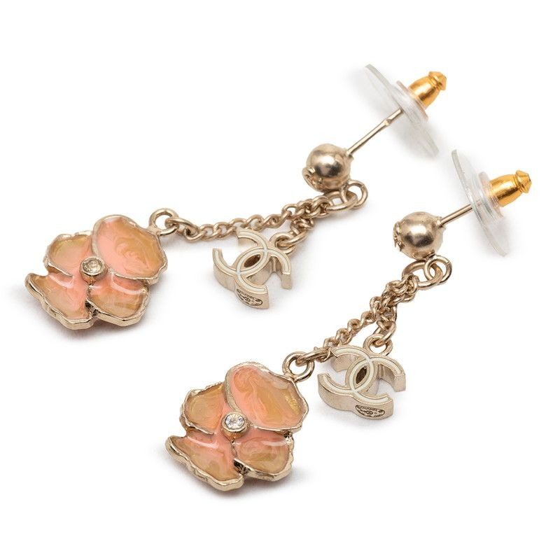 Chanel CC Logo Camellia Earrings Gold Orange Plated