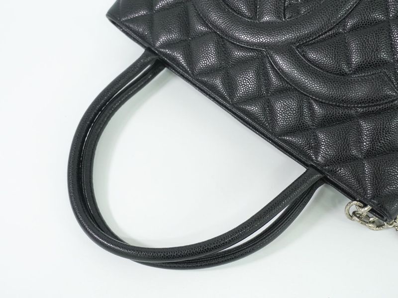 Authentic Chanel Coco Mark Revival Tote Handbag Caviar Skin Leather Black Coco