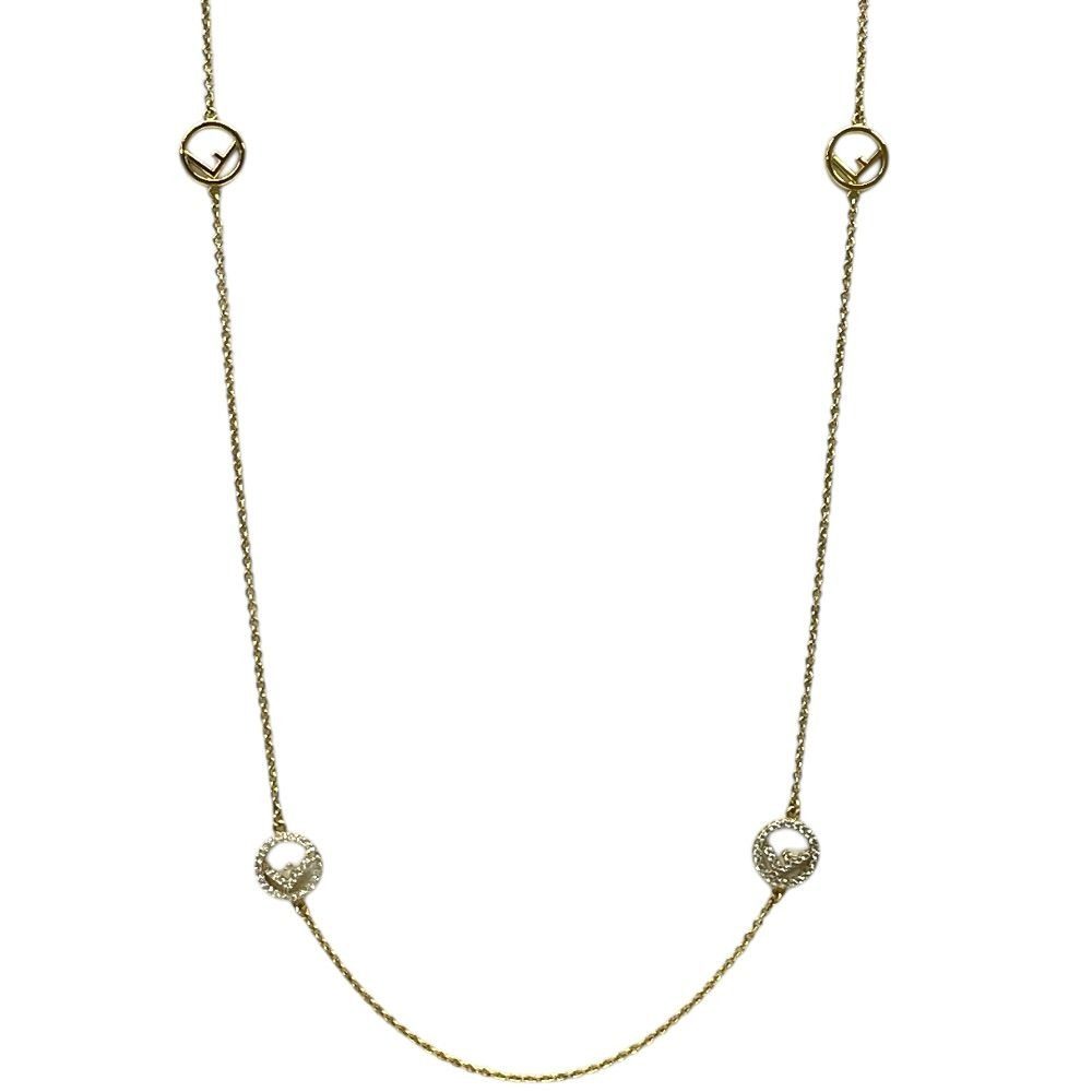 Fendi Is FF Logo Necklace Chain Pendant Gold Line Stone Luxury Gorgeous