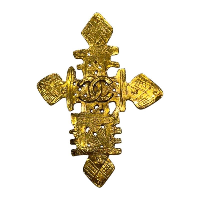 Chanel Coco Cross Brooch Unisex Gold FREE