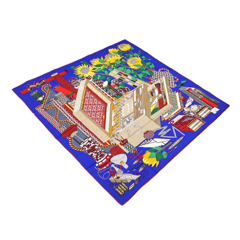 Hermes Carre 140 LES Tresors D UN Artiste Scarf Cashmere Silk Blue