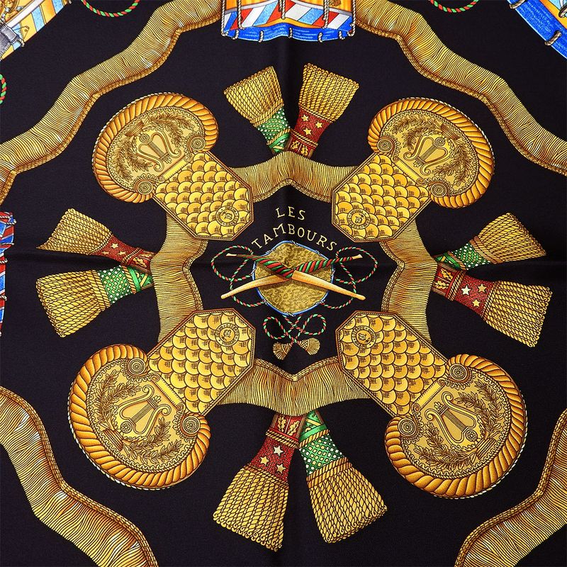 Hermes Scarf Carré 90 Silk Black Gold LES Tambours Tambour Drums Women Hermes