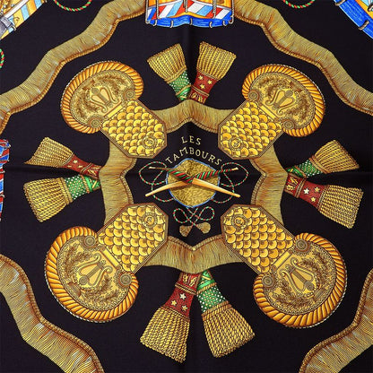 Hermes Scarf Carré 90 Silk Black Gold LES Tambours Tambour Drums Women Hermes