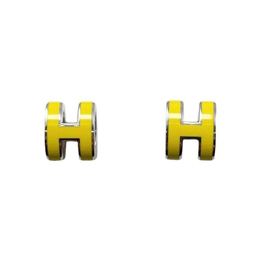 Hermes Earrings Pop Ash Mini H Logo Lime Yellow Silver Boucles D'oreilles Mini