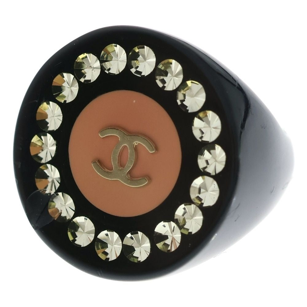 Chanel CC Logo Rhinestone Round Ring Black Pink