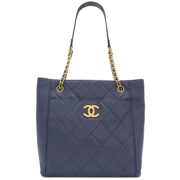 Chanel Tote Quilted Small Shopping Bag Calf Leather Navy Gold Hardware