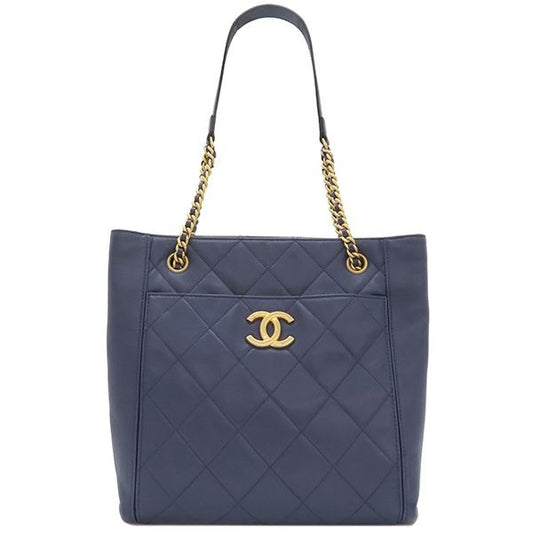 Chanel Tote Quilted Small Shopping Bag Calf Leather Navy Gold Hardware