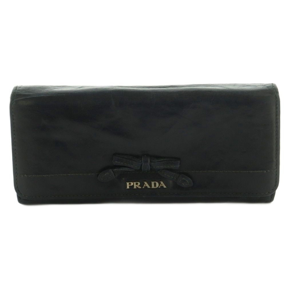 Prada Wallet Flap Coin Purse Leather Ribbon Black