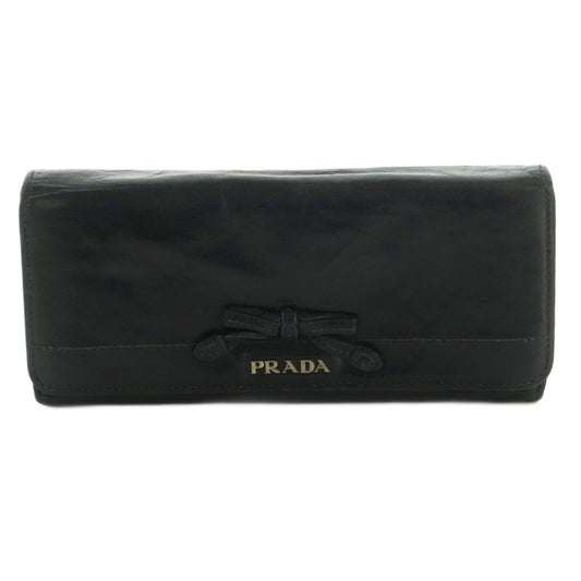 Prada Wallet Flap Coin Purse Leather Ribbon Black