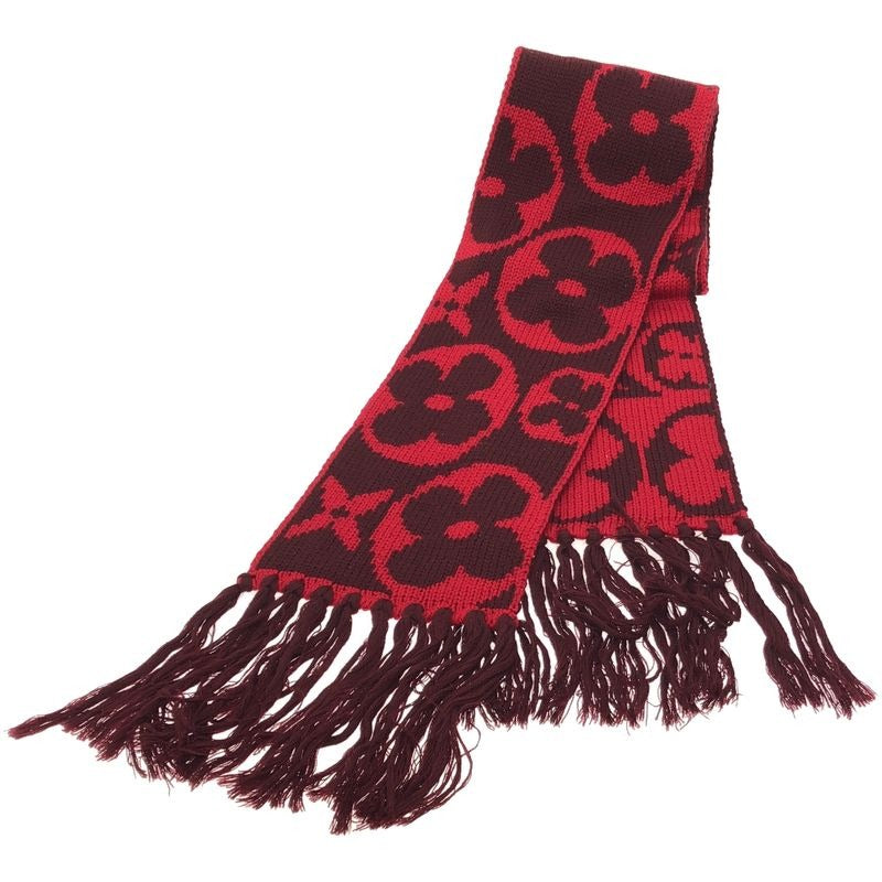 Louis Vuitton Echarpe Grand Floor Wool Fringe Scarf Red