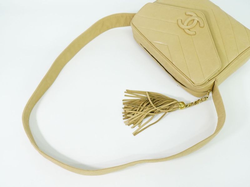 Authentic Chanel Coco Mark V Stitch Tassel Shoulder Bag Pochette Leather Beige