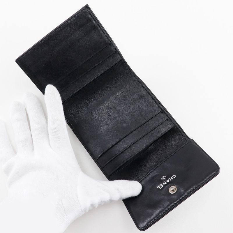 Chanel Icon Line W Hook A37152 Patent Leather Black Ladies Bifold Wallet