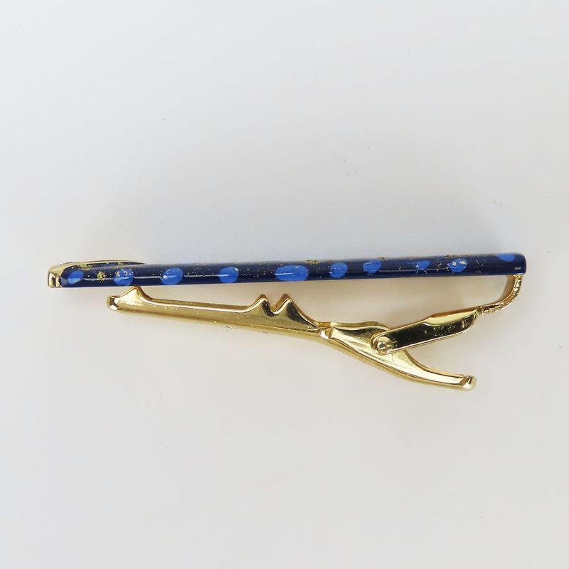 Christian Dior Tie Pin Metal Rhinestone Navy Blue Gold Hardware Plated Suit