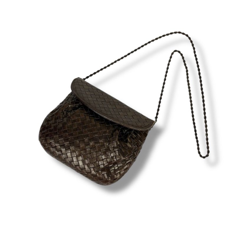 Bottega Veneta Chain Shoulder Bag Pochette Intrecciato Leather Brown Gold