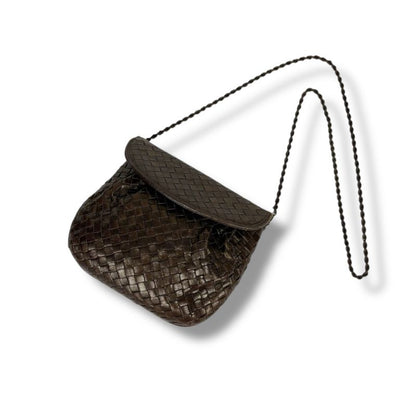 Bottega Veneta Chain Shoulder Bag Pochette Intrecciato Leather Brown Gold