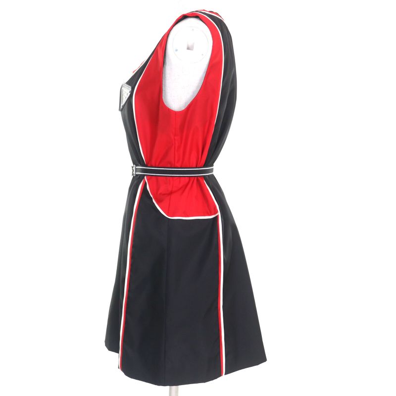 Prada 230623 Triangle Logo Leather Re-nylon Sleeveless Dress Black Red 36 Made