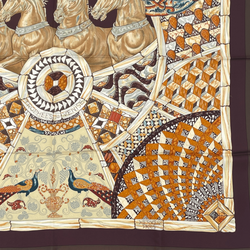 Hermes Carre 90 Victory Of Venice Trophees De Venise Scarf Silk Brown Horse