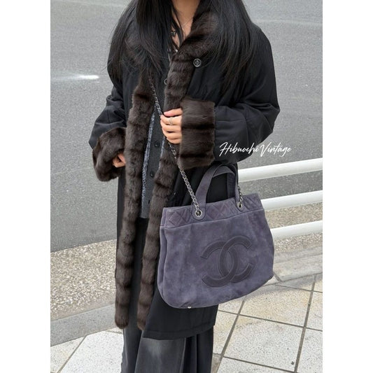 Chanel CC Logo Quilted Shoulder Bag Navy Suede Vintage