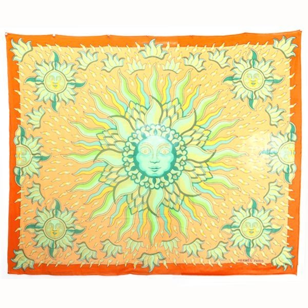 Hermes Pareo Sun Motif 100% Cotton Orange Large Shawl