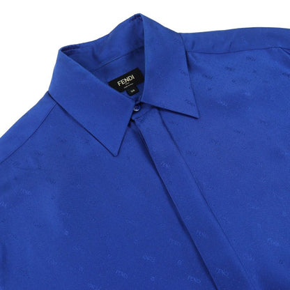 Fendi 2021 Fs0795 100% Silk FF Logo Total Logo Button Short Sleeve Shirt Blue