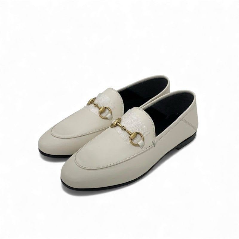 Gucci Loafer Leather Shoes Off White Gold Horsebit Flat