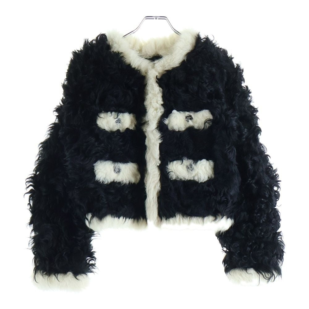 Chanel CC Logo Button Fur Jacket Shearling Black White