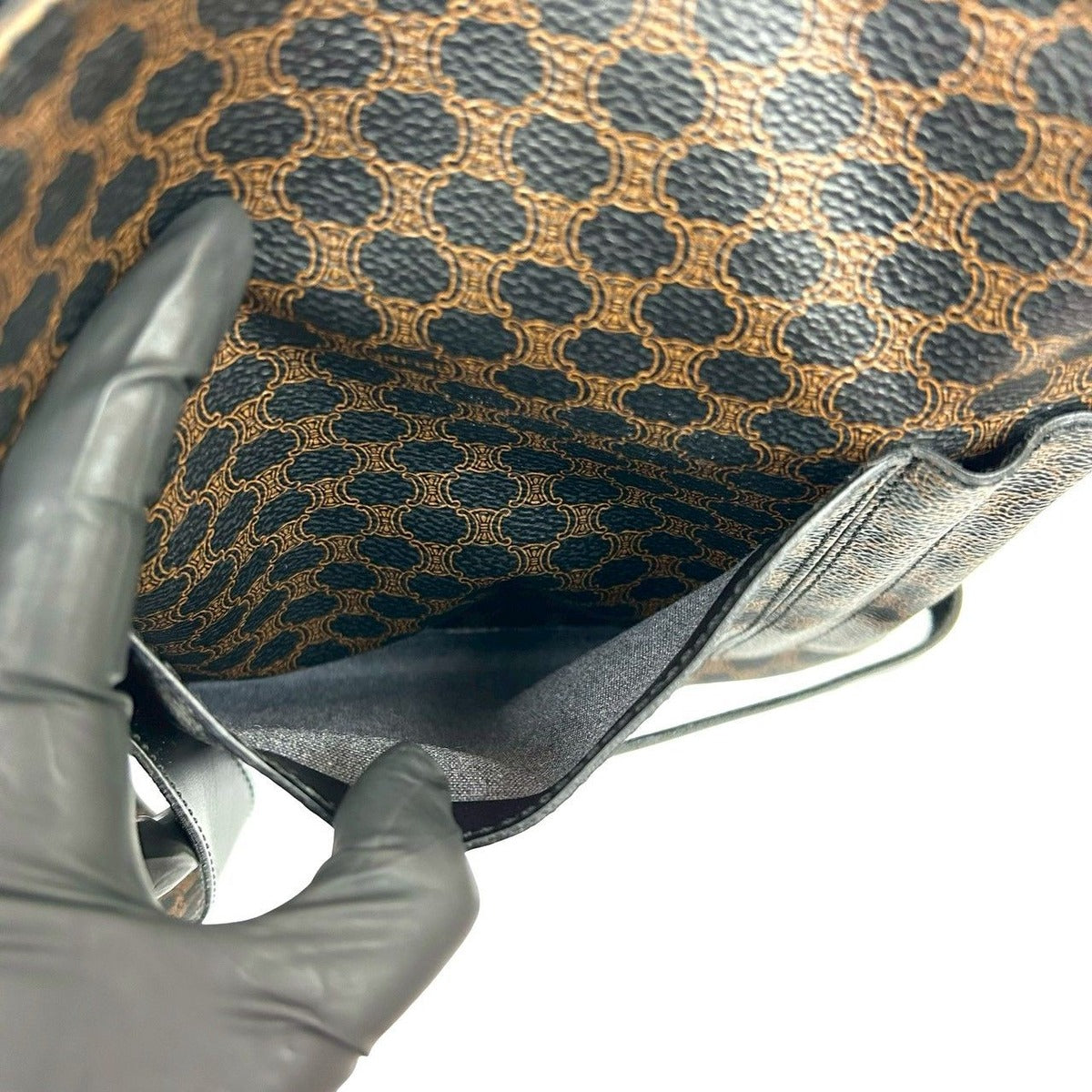 Celine Vintage Macadam Blason Pattern Leather Shoulder Bag Black X Brown — view 10