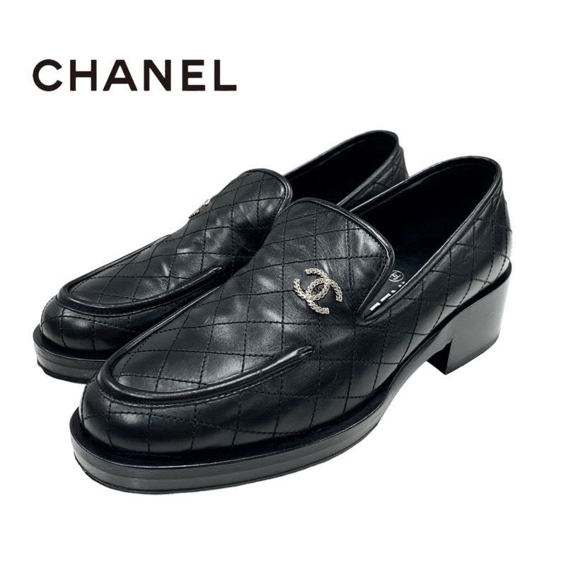 Chanel Loafer Leather Shoes Black Silver Quilted Coco Mark