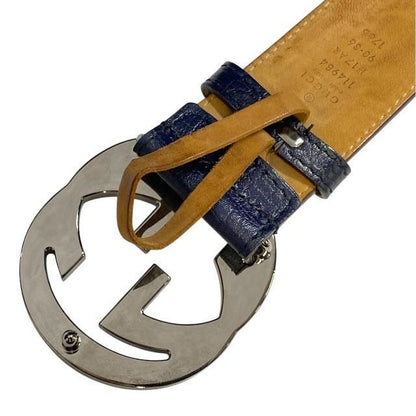 Gucci 114984 Belt Accessories Small Interlocking G Stripe Leather Canvas Navy