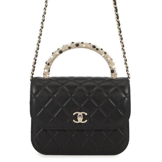 Chanel Chain Shoulder Bag Quilted CC Logo Faux Pearl Lambskin