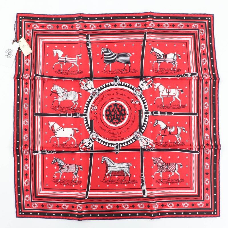 Hermes Carre 55 Couvertures Et Tenues De Jour Horsewear 100% Silk Rouge Noir Bla