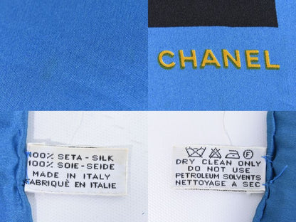 Authentic Chanel Bag Motif Scarf Shawl Bandana Silk Blue Black Multicolor