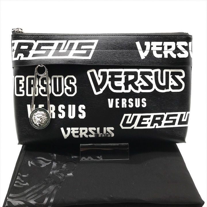 Versace Lion Logo Strap Pouch Clutch Second Black Leather