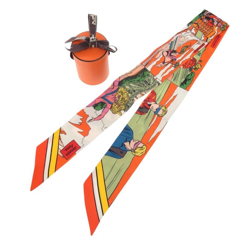 Hermes Twilly WOW American Comic Style Orange Veil Jeanne Silk Scarf 1302