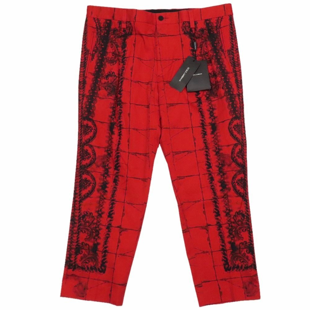 Dolce & Gabbana Lace Allover Check Trousers Cropped Pants Cotton 50 Red