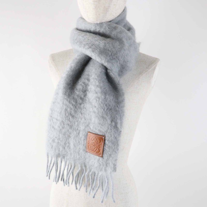 LOEWE Mohair Wool Anagram Leather Patch Fringed Scarf Light Gray Made In Spain