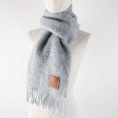 LOEWE Mohair Wool Anagram Leather Patch Fringed Scarf Light Gray Made In Spain