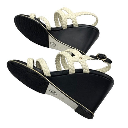 Chanel Sandals Shoes Lambskin White Black Coco Mark Braided Wedge Sole