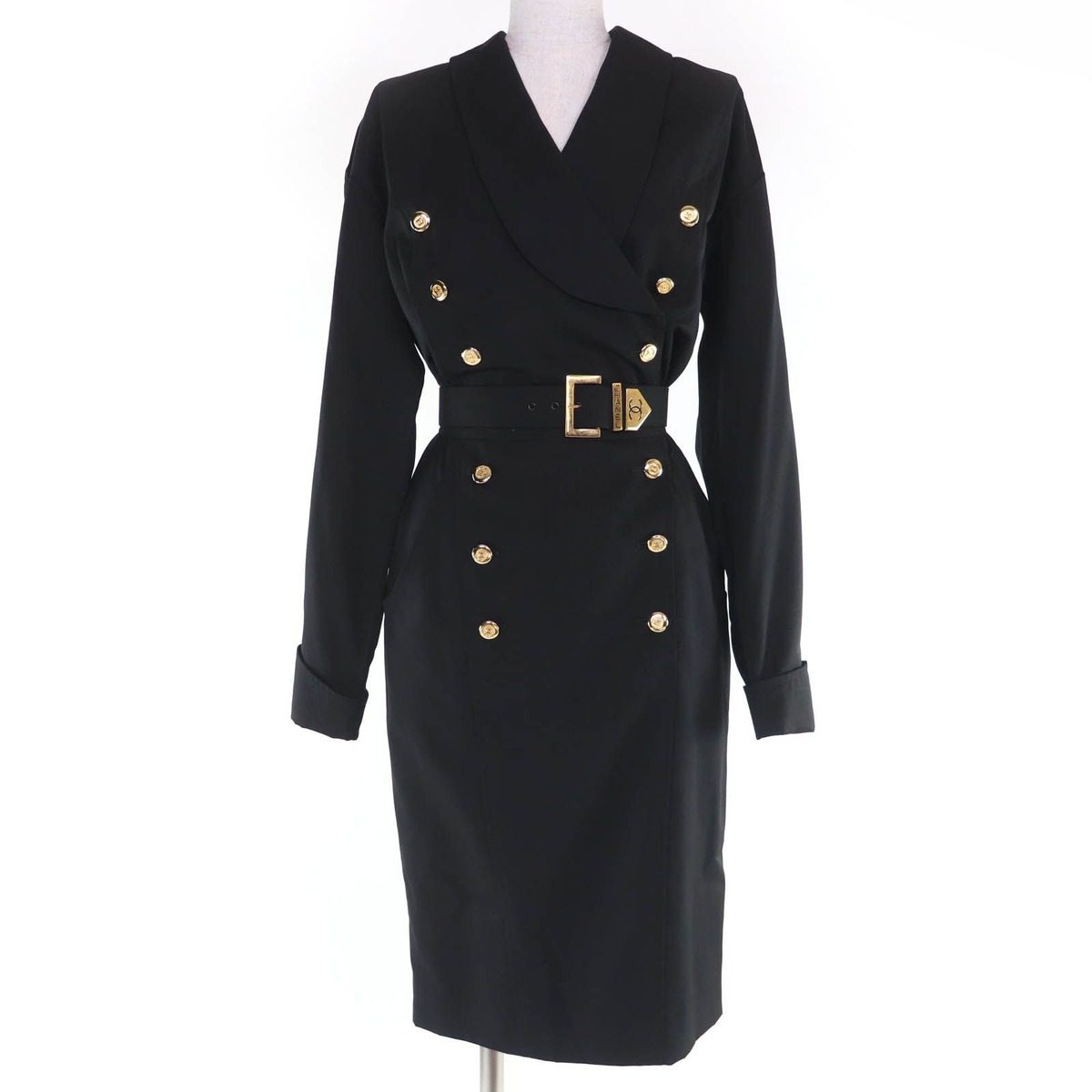 Chanel Vintage Wool CC Logo Button Belt Long Sleeve Tight Dress Black 34