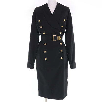 Chanel Vintage Wool CC Logo Button Belt Long Sleeve Tight Dress Black 34