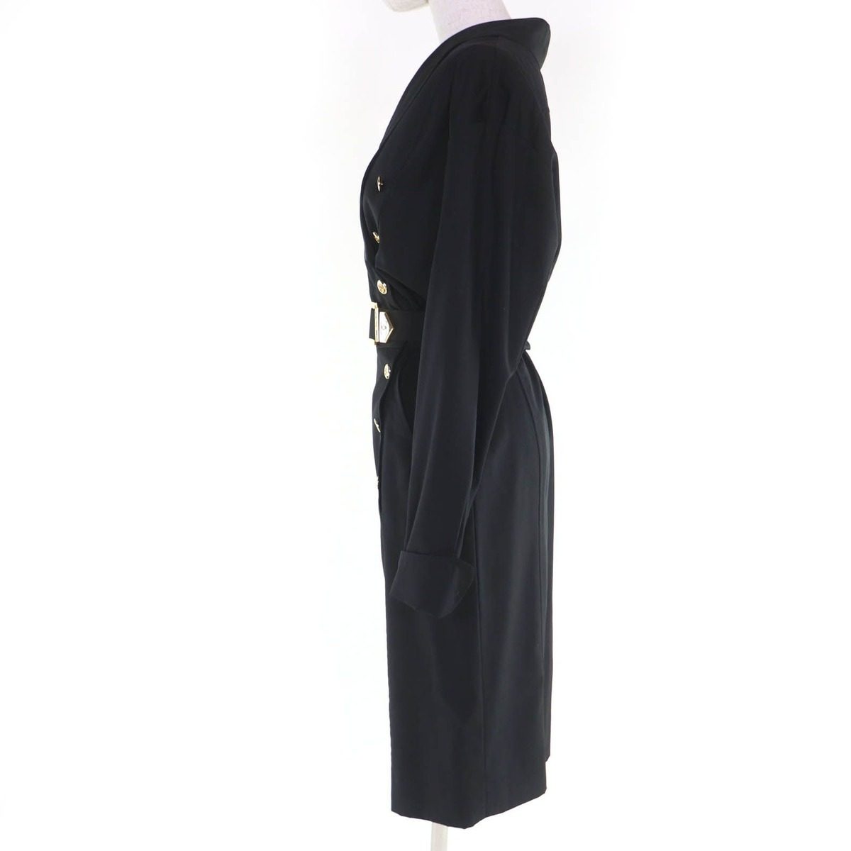 Chanel Vintage Wool CC Logo Button Belt Long Sleeve Tight Dress Black 34 — view 2
