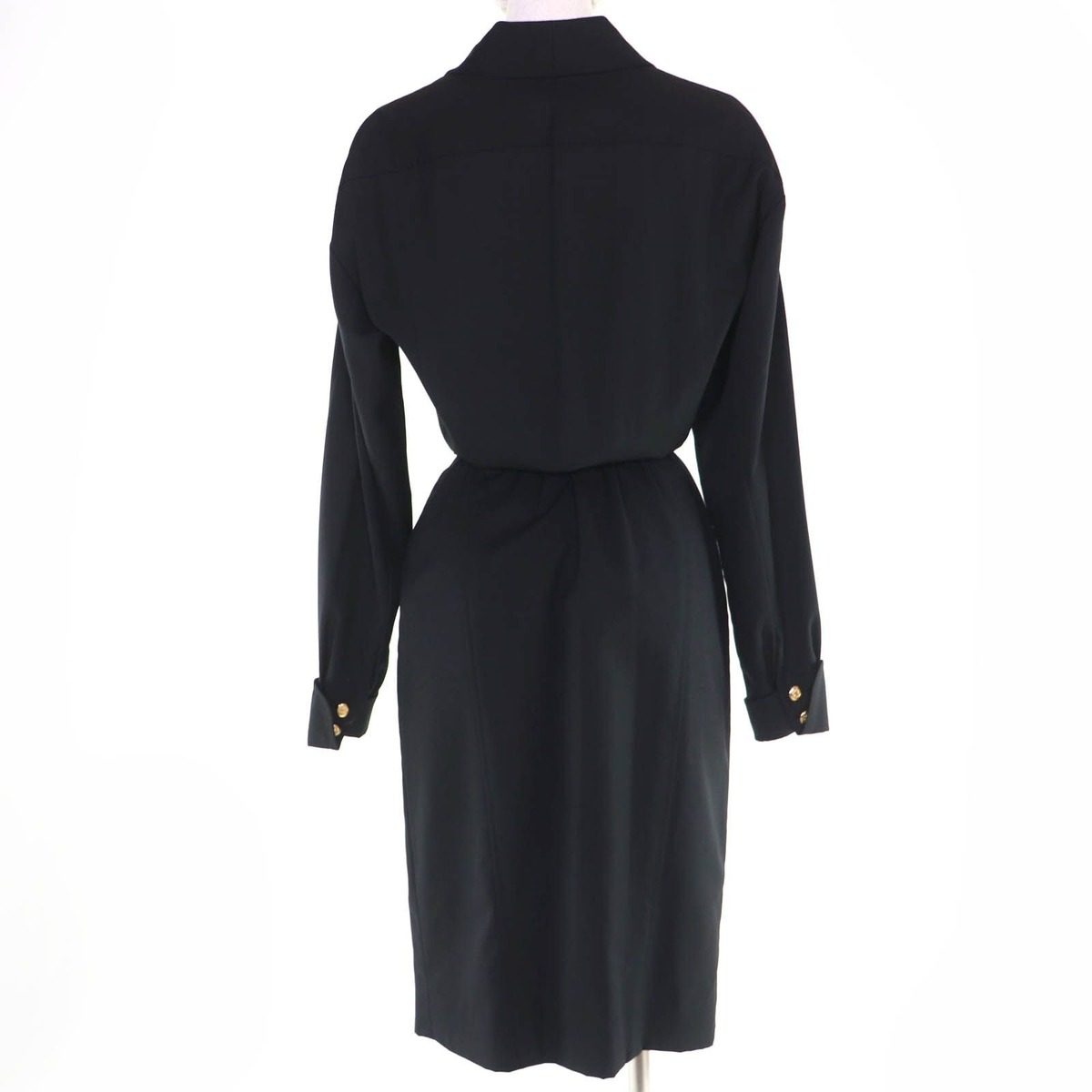 Chanel Vintage Wool CC Logo Button Belt Long Sleeve Tight Dress Black 34 — view 3