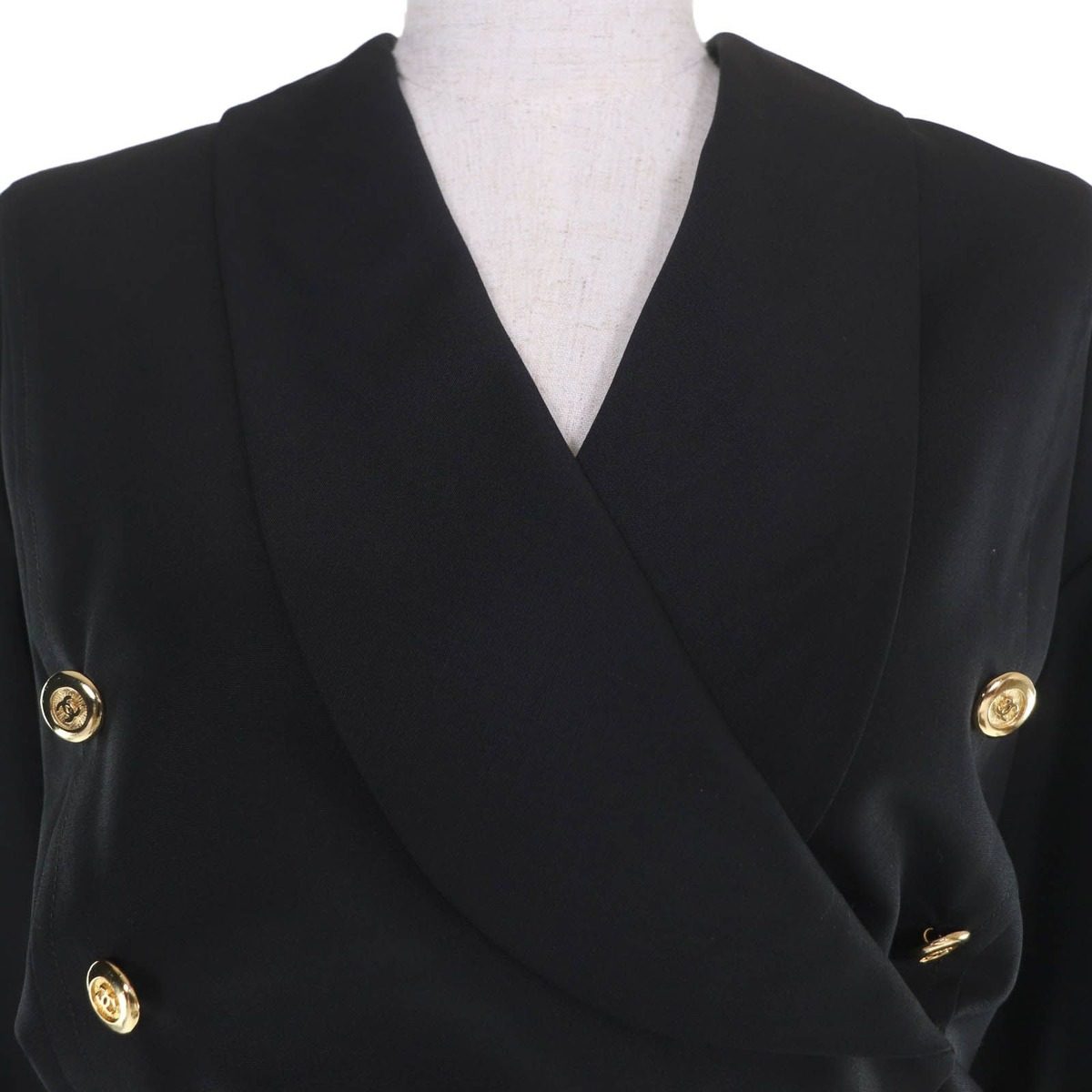 Chanel Vintage Wool CC Logo Button Belt Long Sleeve Tight Dress Black 34 — view 4