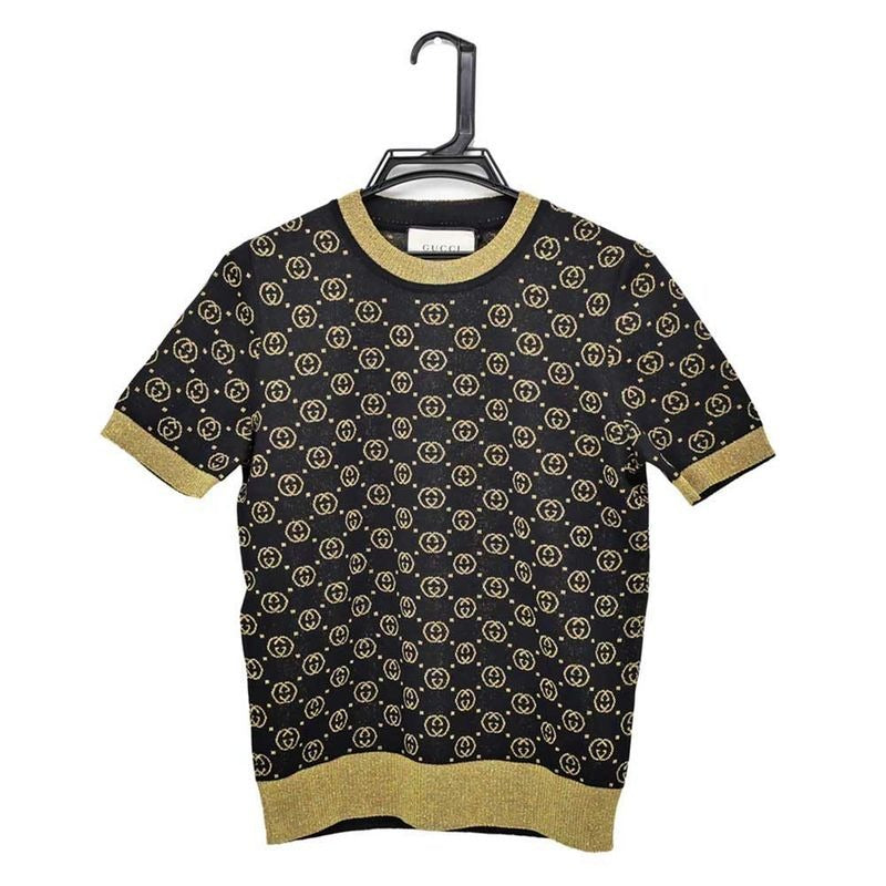 Gucci Short Sleeve Knit GG Pattern M Size Black Gold Lame