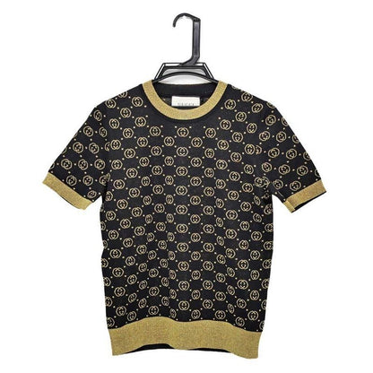 Gucci Short Sleeve Knit GG Pattern M Size Black Gold Lame