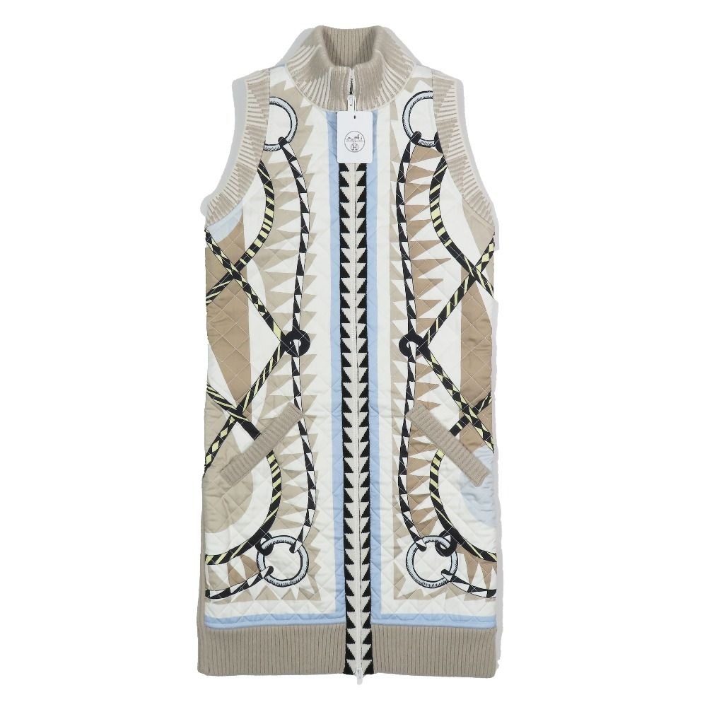 Hermes Twill Rene Cassil Scarf Print Knit Contrast Quilted Long Down Jacket